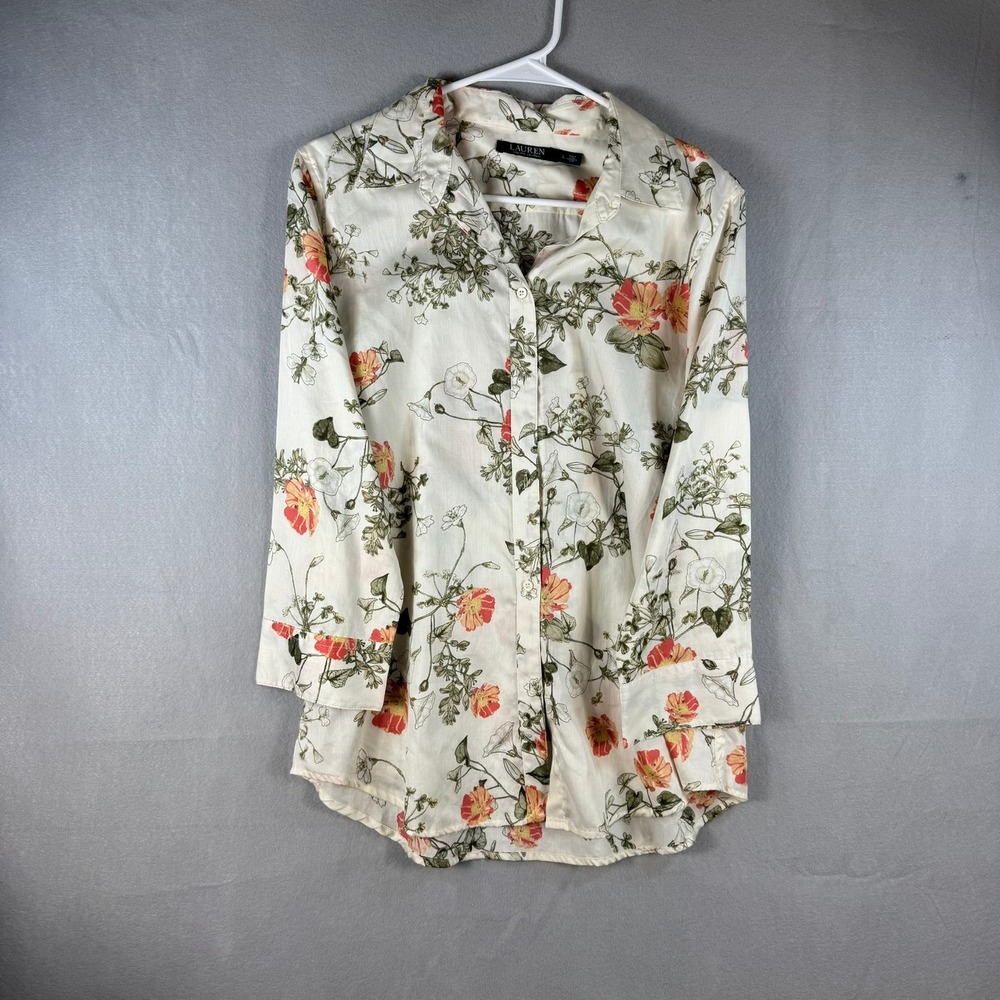 Lauren Ralph Lauren Women Cream Floral Cotton Button Down Shirt Large